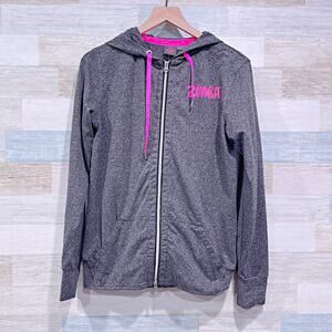 ZUMBA Elegance Full Zip Logo Hoodie Gray Pink Kangaroo Pocket Womens Small